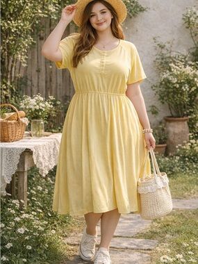 Vintage Concepts 90’s Yellow Midi Dress Button Front Elastic Waist USA Size 20
